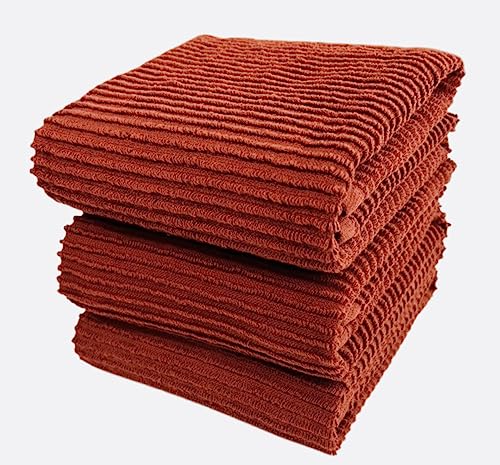 Oversized 18" x 28" Solid Color Rust Kitchen Dish Towels: 100% Cotton Cloth Soft Cleaning Drying Absorbent Ribbed Terry Loop, Set of 3 Multipurpose for Everyday Use (Warm Terracotta Orange)