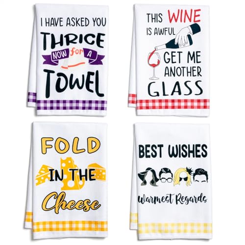 BUBOOM Funny Kitchen Towels, SC Merchandise Gifts Idea, Absorbent Dish Towel Set of 4 for Fans, Fold in The Cheese Cute Tea Towel Housewarming Gift for Women, Hostess New Home Decorations