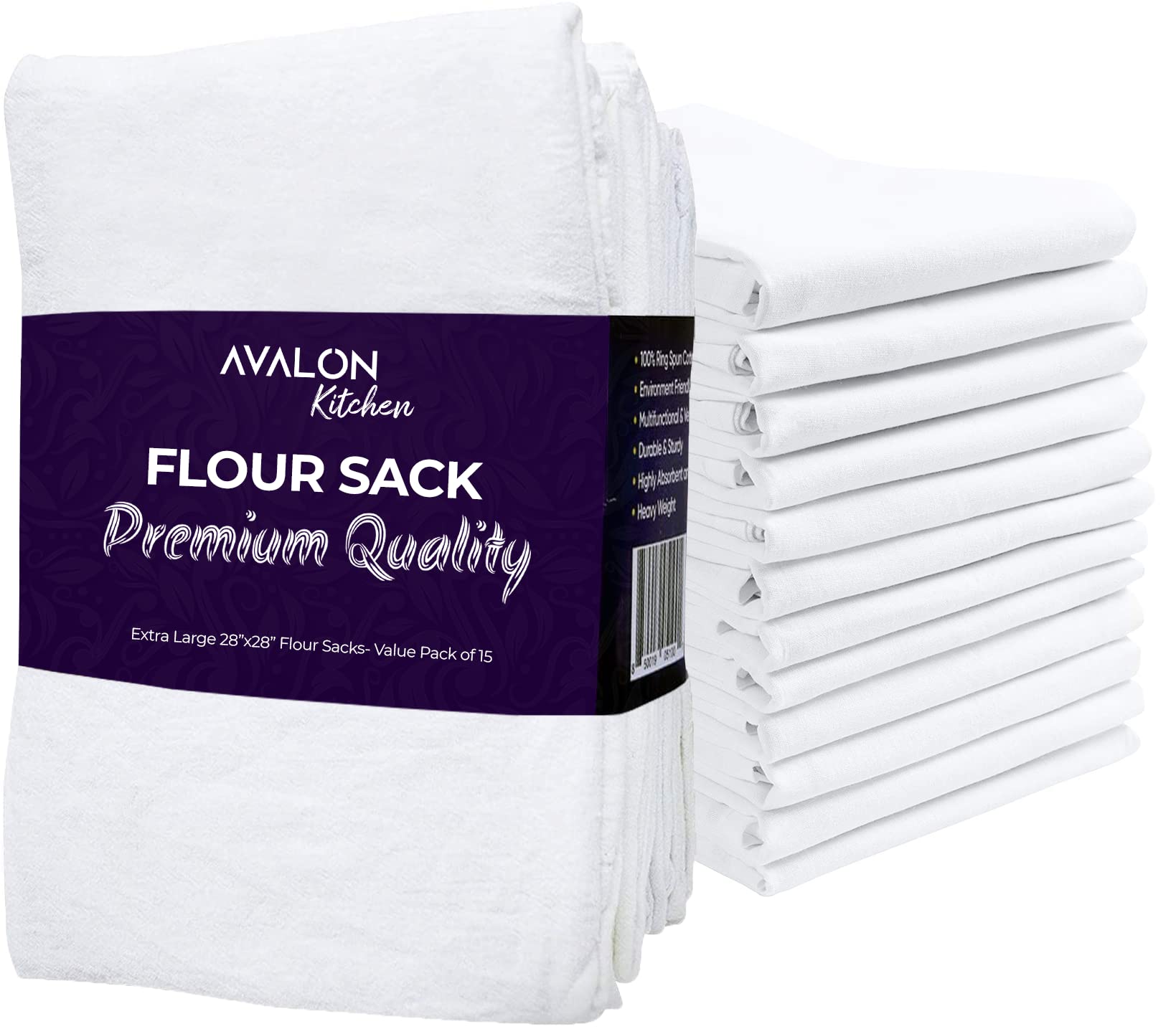 Avalon Flour Sack Towels Pack of 15 Size 28x28 Inches – 100% Ring Spun Cotton, Highly Absorbent Dish Towels for Drying Dishes, Durable Tea Towels for Kitchen, Multipurpose Flour Sack Dish Towels