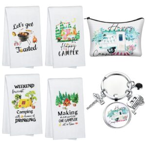 6 pcs camping kitchen towels camping accessories set funny dish towels, camper keychain, camper makeup bag with funny sayings novelty gifts for campers camping accessories christmas camper gifts