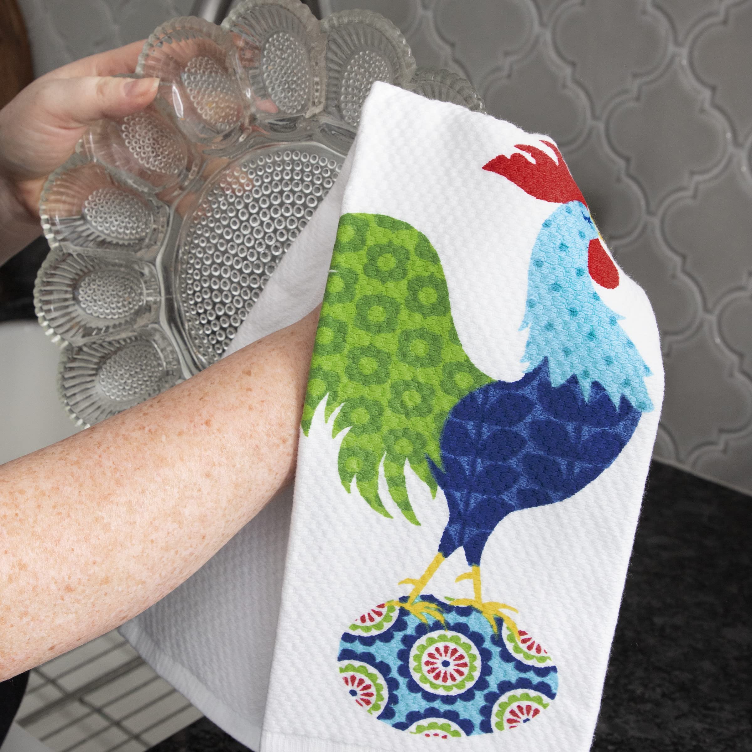 T-fal Textiles Double Sided Print Woven Cotton Kitchen Dish Towel Set, 2-pack, 16" x 26", Rooster Print