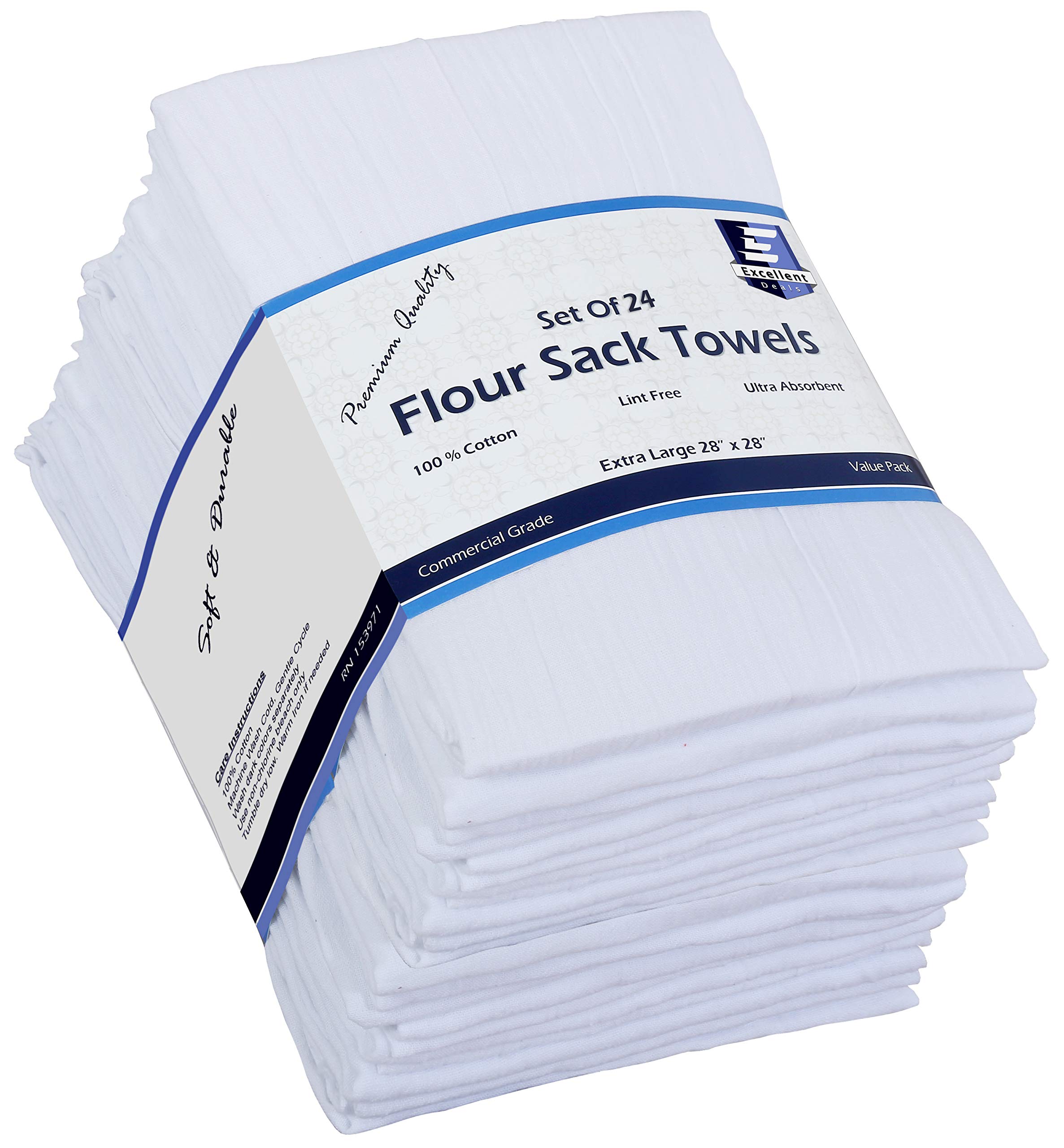 Excellent Deals Flour Sack [White, 24 Pack] 100% Cotton Kitchen Towels, 28"x28" Cloth Napkin, Dish Cloth, Bar Towels, Tea Towels, Bread Wrapper.