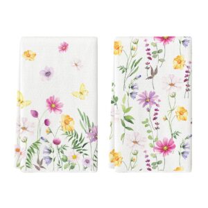 artoid mode pink yellow flowers spring kitchen towels dish towels, 18x26 inch summer leaves holiday decoration hand towels set of 2