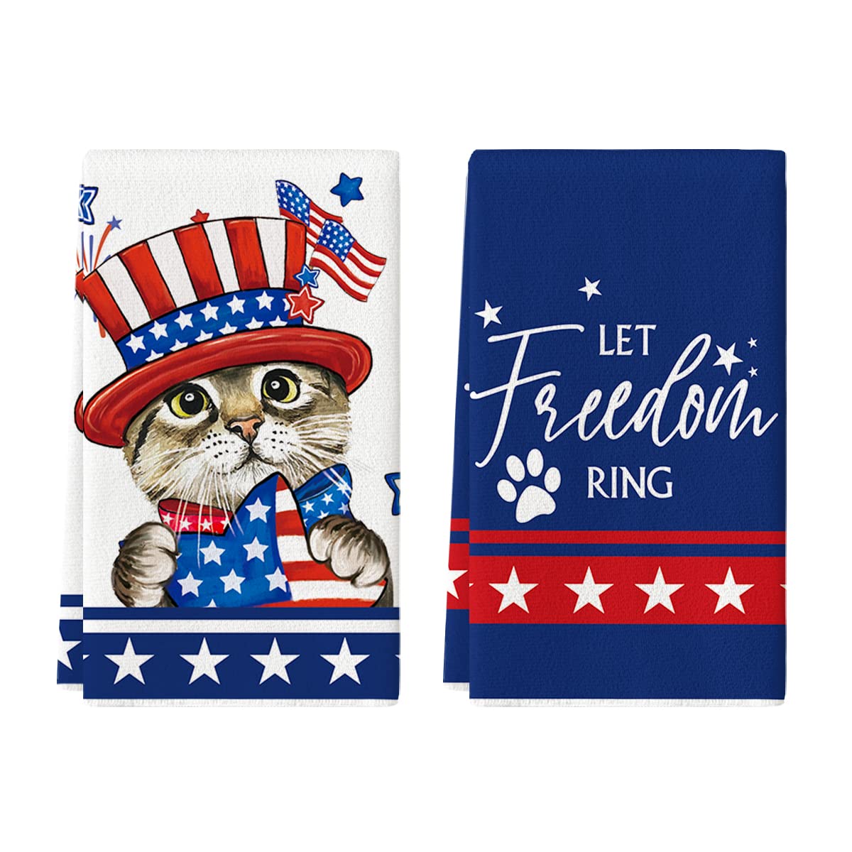 Artoid Mode Cat American Flag Stars Freedom 4th of July Kitchen Towels Dish Towels, 18x26 Inch Seasonal Decoration Hand Towels Set of 2