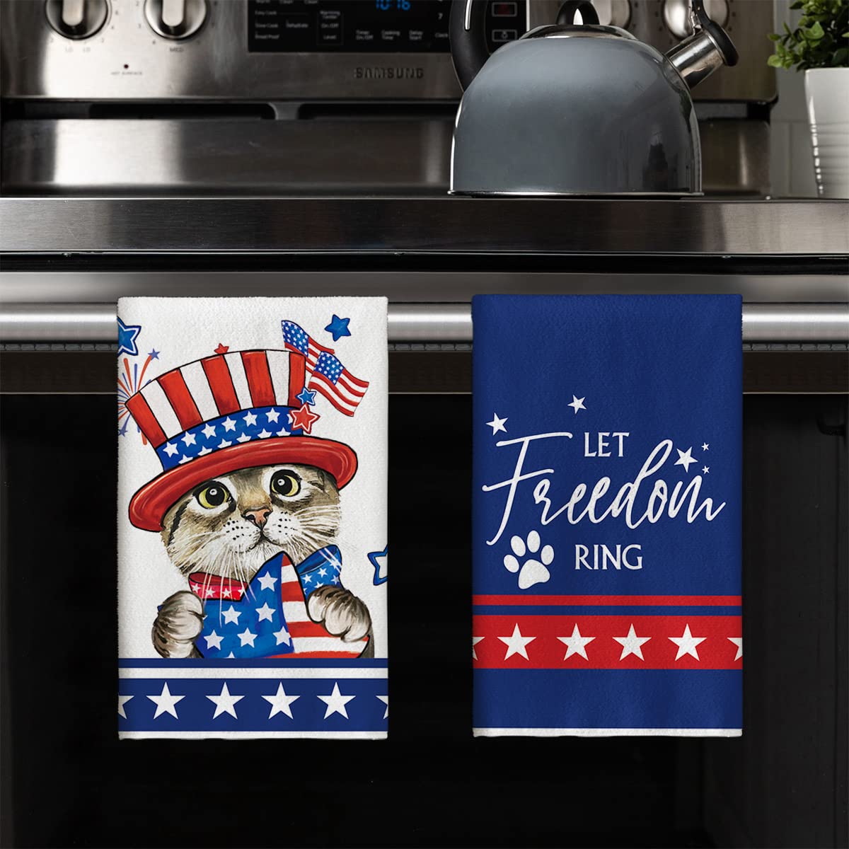 Artoid Mode Cat American Flag Stars Freedom 4th of July Kitchen Towels Dish Towels, 18x26 Inch Seasonal Decoration Hand Towels Set of 2