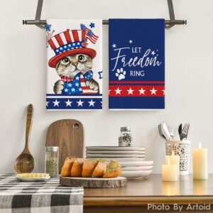 Artoid Mode Cat American Flag Stars Freedom 4th of July Kitchen Towels Dish Towels, 18x26 Inch Seasonal Decoration Hand Towels Set of 2