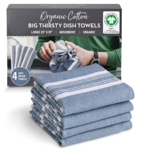country trading co. big thirsty dish towels - organic cotton super absorbent kitchen towels, set of 4 – soft weave machine washable tea towels - 25” x 19” (blue)