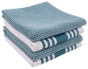 kaf home set of 4 centerband and waffle flat kitchen towels | 18 x 28 inch absorbent, durable, soft, and beautiful kitchen towels | perfect for messes and drying dishes - teal