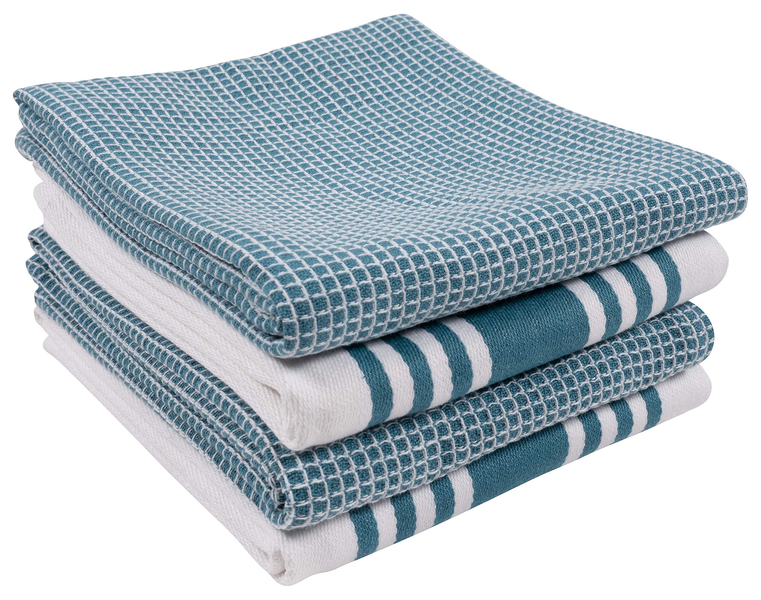 KAF Home Set of 4 Centerband and Waffle Flat Kitchen Towels | 18 x 28 Inch Absorbent, Durable, Soft, and Beautiful Kitchen Towels | Perfect for Messes and Drying Dishes - Teal