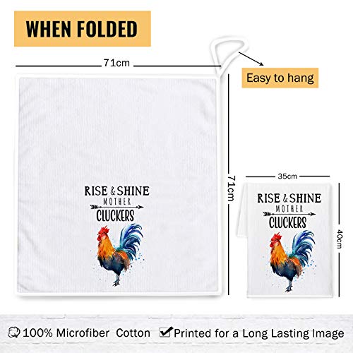 Bonsai Tree Funny Chicken Kitchen Towels with Sayings, Rise and Shine Mother Cluckers Rustic Dish Towels 28” x 28”, White Rooster Farmhouse Tea Towels Housewarming Gifts Decor for New Home