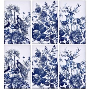 6 pieces chinese style kitchen tea towels, chinoiserie dish towels kitchen bar towels animal peacock elk flower, chinese new year hand towel spring festival large plate cloth set, white and blue