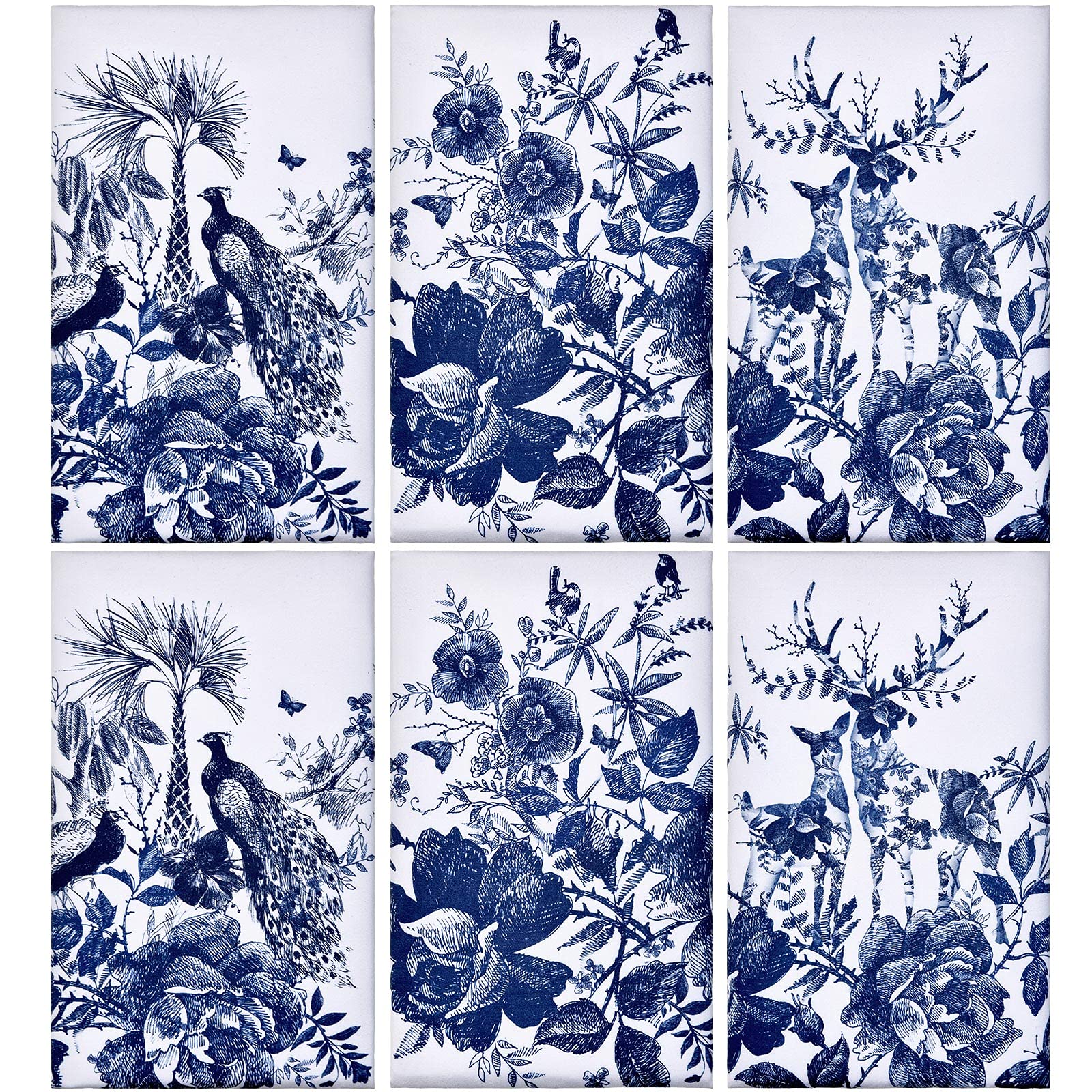 6 Pieces Chinese Style Kitchen Tea Towels, Chinoiserie Dish Towels Kitchen Bar Towels Animal Peacock Elk Flower, Chinese New Year Hand Towel Spring Festival Large Plate Cloth Set, White and Blue