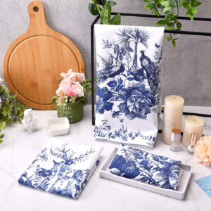 6 Pieces Chinese Style Kitchen Tea Towels, Chinoiserie Dish Towels Kitchen Bar Towels Animal Peacock Elk Flower, Chinese New Year Hand Towel Spring Festival Large Plate Cloth Set, White and Blue