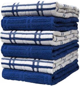 dish towel 16"x26" | blue windowpane design | kitchen hand towels, large tea towel set | dish towels for kitchen | natural ring spun cotton dish towel | soft, highly absorbent | 400 gsm – 6 pack