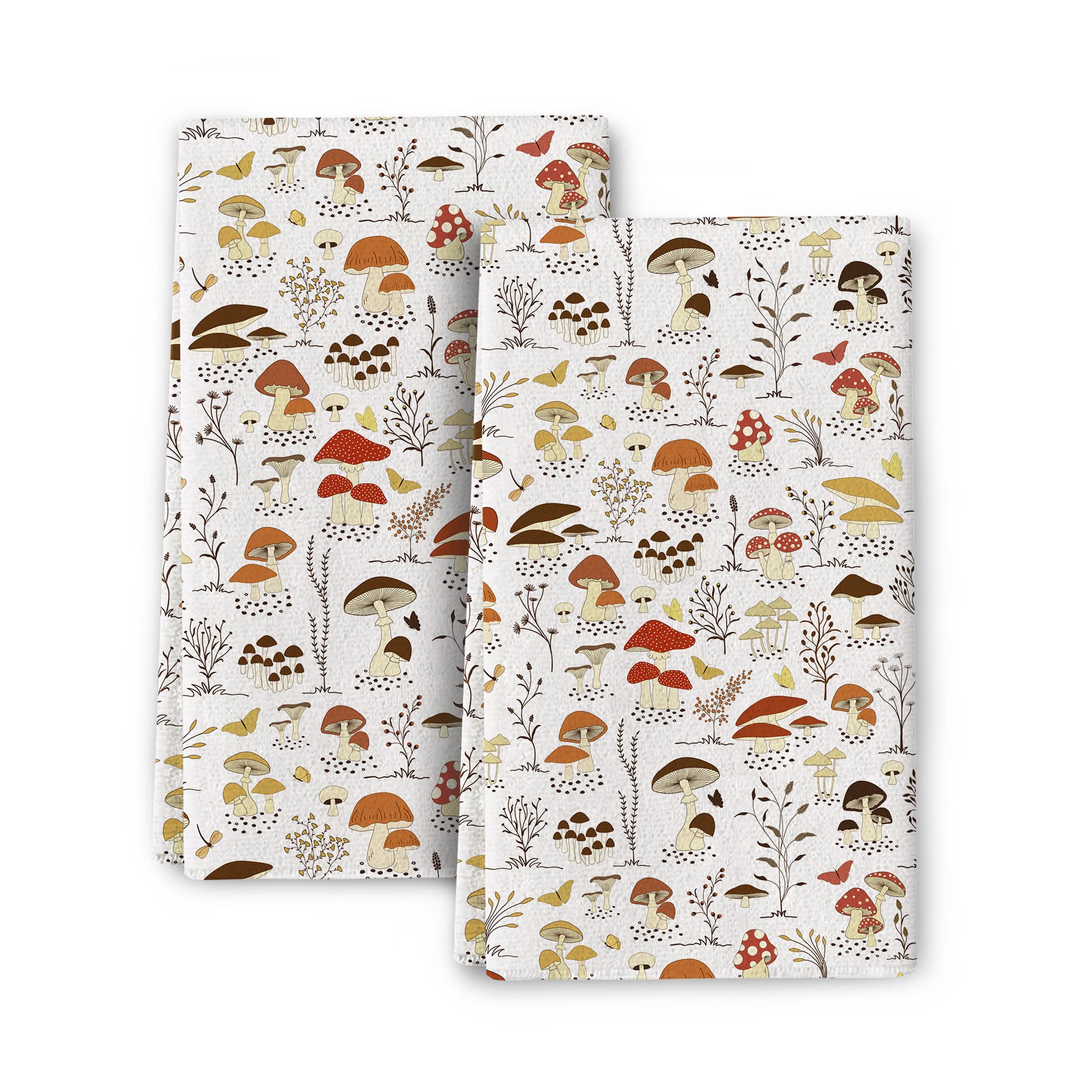 Mushroom Cute Botanic Kitchen Towels with Hanging Loop, 16x24 Inch Beige Dish Towels Bathroom Hand Towels Set of 2 Soft Absorbent Tea Towels