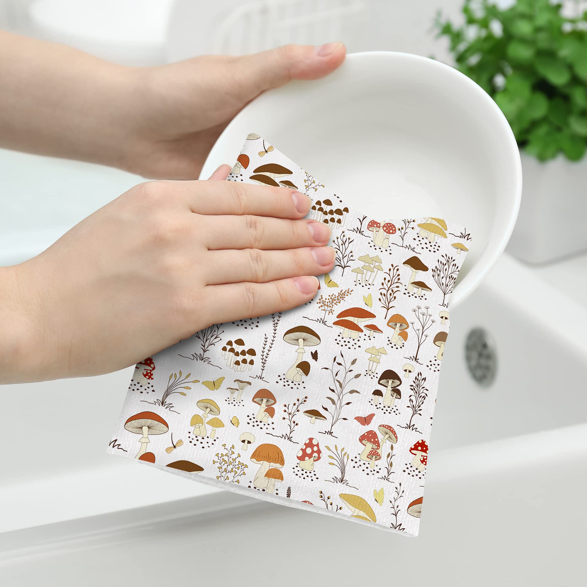 Mushroom Cute Botanic Kitchen Towels with Hanging Loop, 16x24 Inch Beige Dish Towels Bathroom Hand Towels Set of 2 Soft Absorbent Tea Towels