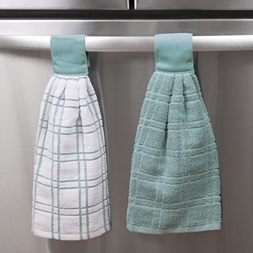 Ritz Premium 100% Cotton Solid and Multi Check Kitchen Tie Towel, Absorbent, Super Soft, and Fast Drying Hang Towel, Set of Two, Dew