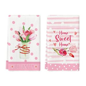 artoid mode home sweet home love pink tulip mother's day kitchen towels dish towels, 18x26 inch be happy flower vase decoration hand towels set of 2