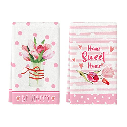 Artoid Mode Home Sweet Home Love Pink Tulip Mother's Day Kitchen Towels Dish Towels, 18x26 Inch Be Happy Flower Vase Decoration Hand Towels Set of 2