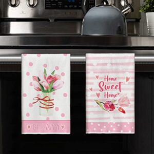 Artoid Mode Home Sweet Home Love Pink Tulip Mother's Day Kitchen Towels Dish Towels, 18x26 Inch Be Happy Flower Vase Decoration Hand Towels Set of 2