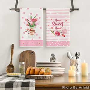 Artoid Mode Home Sweet Home Love Pink Tulip Mother's Day Kitchen Towels Dish Towels, 18x26 Inch Be Happy Flower Vase Decoration Hand Towels Set of 2