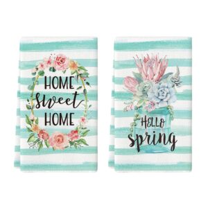 artoid mode watercolor stripes kitchen dish towels spring quotes, 18 x 26 inch seasonal spring flower wreath ultra absorbent drying cloth tea towels for cooking baking set of 2