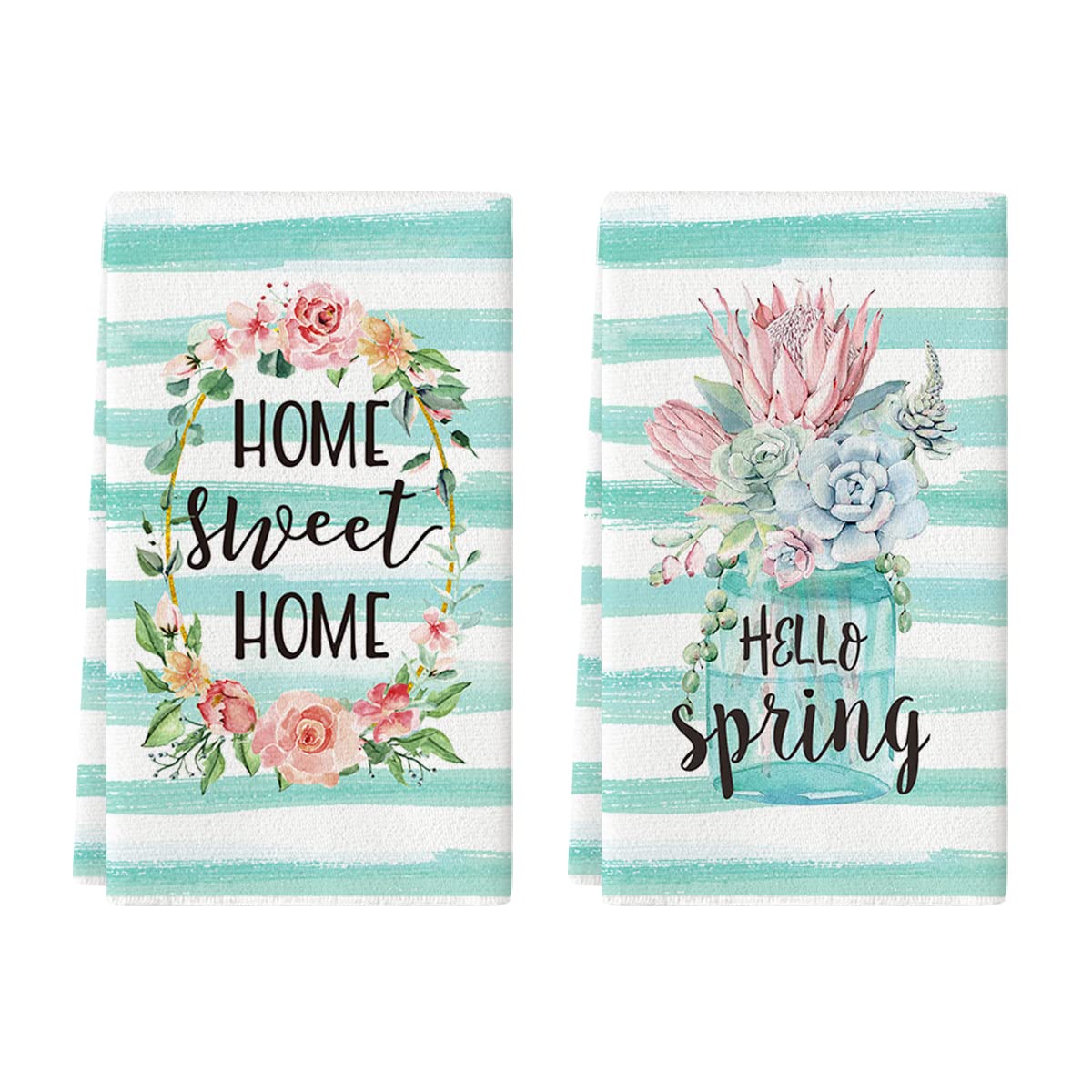 Artoid Mode Watercolor Stripes Kitchen Dish Towels Spring Quotes, 18 x 26 Inch Seasonal Spring Flower Wreath Ultra Absorbent Drying Cloth Tea Towels for Cooking Baking Set of 2