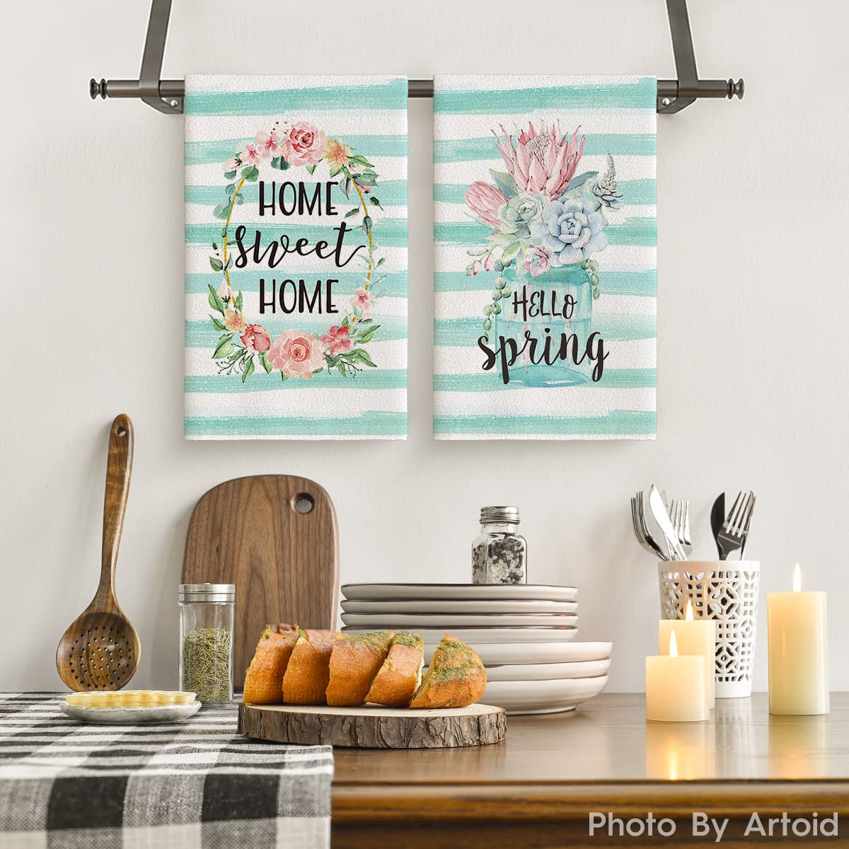 Artoid Mode Watercolor Stripes Kitchen Dish Towels Spring Quotes, 18 x 26 Inch Seasonal Spring Flower Wreath Ultra Absorbent Drying Cloth Tea Towels for Cooking Baking Set of 2