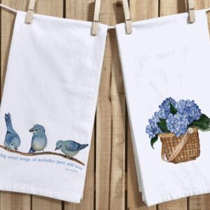 Blue Birds Flower Kitchen Dish Towel 18 x 28 Inch Set of 2, Seasonal Spring Summer Hydrangea Tea Towels Dish Cloth for Cooking Baking