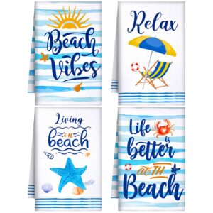 4 pieces beach kitchen towels beach holiday dishcloths fast drying absorbent baking dish towels blue coastal kitchen towels for daily kitchen home cleaning housewarming gifts, 16 x 24 inches