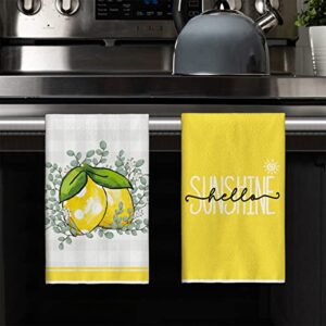 Artoid Mode Eucalyptus Leaves Lemons Summer Kitchen Towels Dish Towels, 18x26 Inch Hello Sunshine Holiday Decoration Hand Towels Set of 2