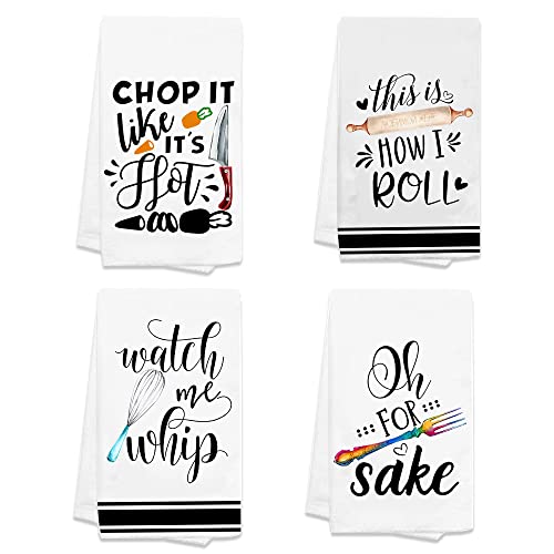 KamaLove Funny Kitchen Towels, Dishcloths Sets of 4.Best Housewarming Gifts, Funny Dish Towels, Cute Kitchen Towels.New Home Housewarming Gifts, Funny Sayings Towels, Decorative Tea Towels (Color)