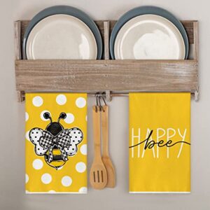 Artoid Mode Bee Happy Summer Kitchen Towels Dish Towels, 18x26 Inch Polka Dot Holiday Decoration Hand Towels Set of 2