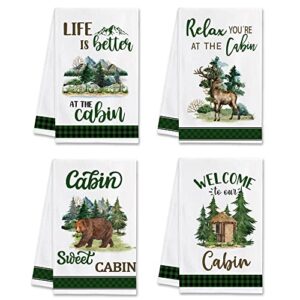 hexagram cabin decor, cabin kitchen towels set of 4, farmhouse bear deer tea towels, log cabin decor, rustic decorative hand towels for kitchen, new home housewarming gifts