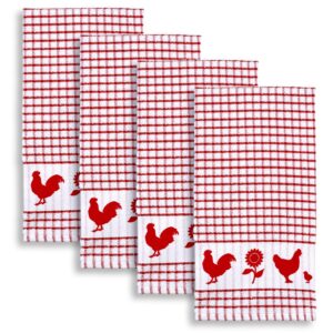 cackleberry home backyard chickens windowpane check cotton terrycloth kitchen towels, set of 4 (red)