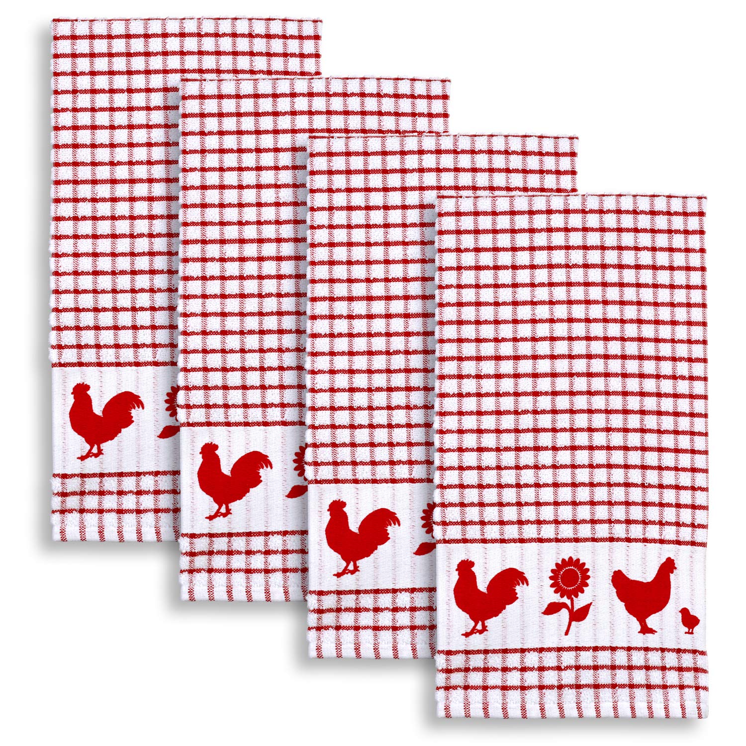 Cackleberry Home Backyard Chickens Windowpane Check Cotton Terrycloth Kitchen Towels, Set of 4 (Red)