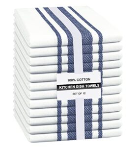 linen hub set of 12 kitchen dish towels cotton 15x25 absorbent durable washable, tea towels, dish cloths, bar towels, cleaning towels, kitchen towels with hanging loop, blue white
