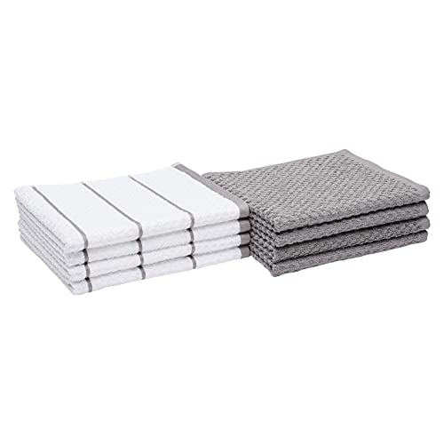 Amazon Basics 100% Cotton Terry Kitchen Dish Towels, Popcorn Texture, 8 Pack, Grey Stripe, 28"L x 16"W