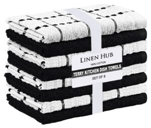 linen hub terry kitchen dish towels for drying dishes set of 8, soft absorbent tea towel, farmhouse kitchen towels with hanging loop, 100% cotton kitchen towels for easter, christmas 15x25 black white