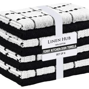 Linen Hub Terry Kitchen Dish Towels for Drying Dishes Set of 8, Soft Absorbent Tea Towel, Farmhouse Kitchen Towels with Hanging Loop, 100% Cotton Kitchen Towels for Easter, Christmas 15x25 Black White