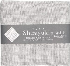 shirayuki japanese kitchen cloth bincho charcoal blended. made of layered fine mesh cloth. dish wipe, table wipe, hand wipe. made in japan. bincotan charcoal.