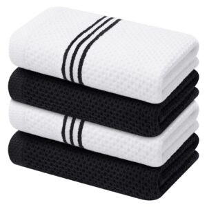 homaxy kitchen towels, 13 x 28 inches, trendy stripes design, premium cotton waffle weave super soft and absorbent dish towels quick drying hand towels for kitchen, 4 pack, white & black