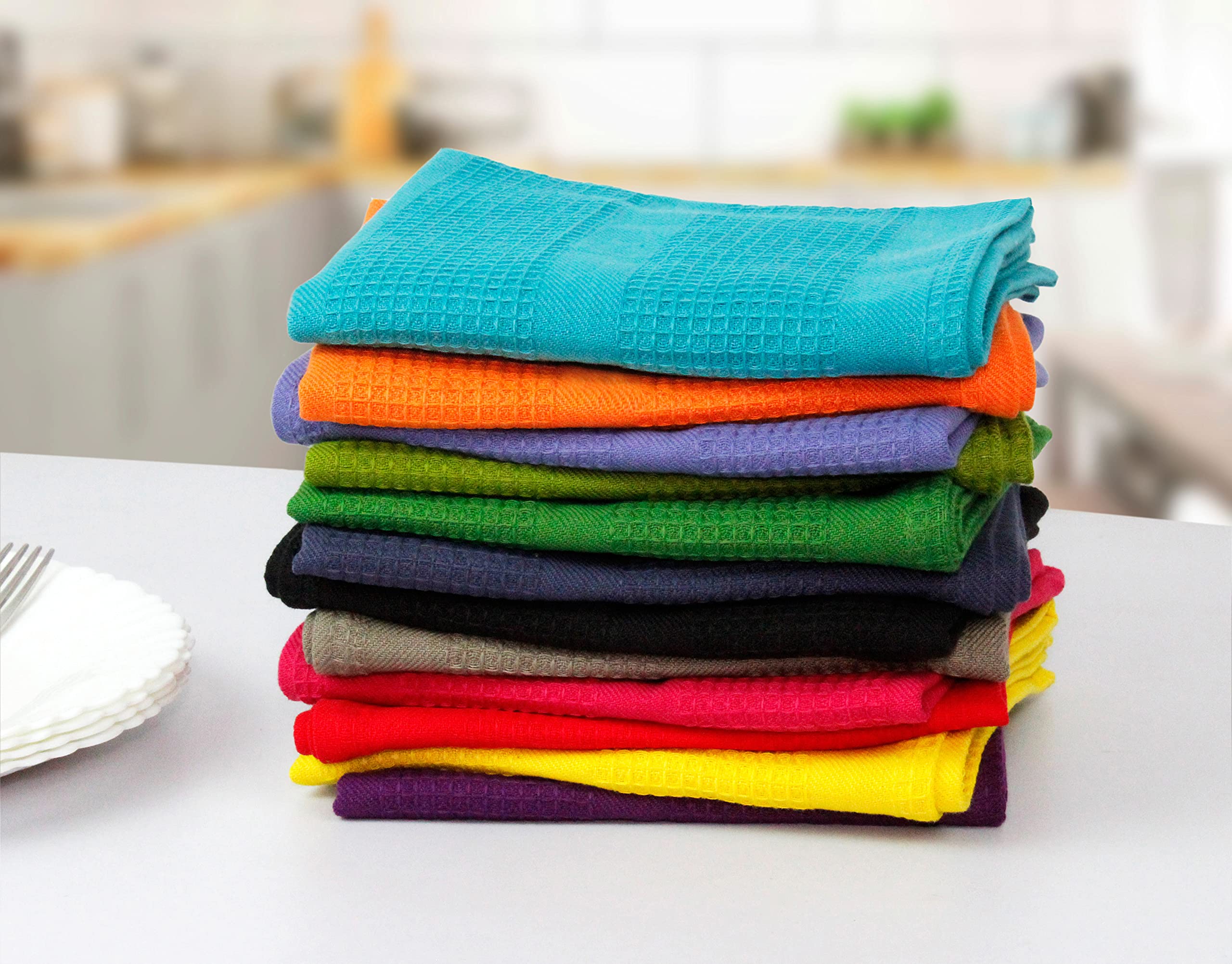 Cotton Craft 12 Pack Multicolor Kitchen Towels 16x28 Inches- Pure Cotton, Absorbent Waffle Weave