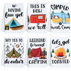 kingdder 6 pcs camper dish towels camping kitchen towels funny sayings happy camper towels 16 x 24 inches kitchen hand towels housewarming farmhouse gift camping accessories for rv campers