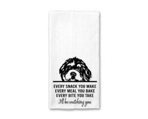 htdesigns bernedoodle dog, tea towel, every snack you make, every bite you take, kitchen decor, dish towels, bernedoodle dog mom, bernedoodle gifts, waffle weave kitchen towel