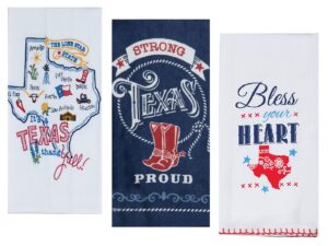 3 texas themed decorative cotton kitchen towels set with white, blue and red print | 2 flour sack and 1 terry towel for dish and hand drying | by kay dee designs