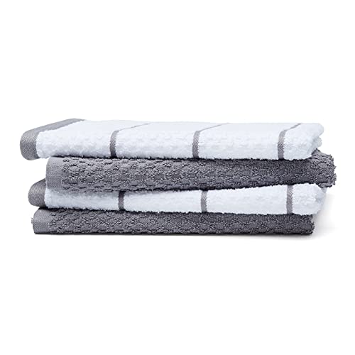 Amazon Basics 100% Cotton, Soft & Absorbent, Popcorn Texture Terry Kitchen Dish Towels, 28"L x 16"W, Grey Stripe, Pack of 4