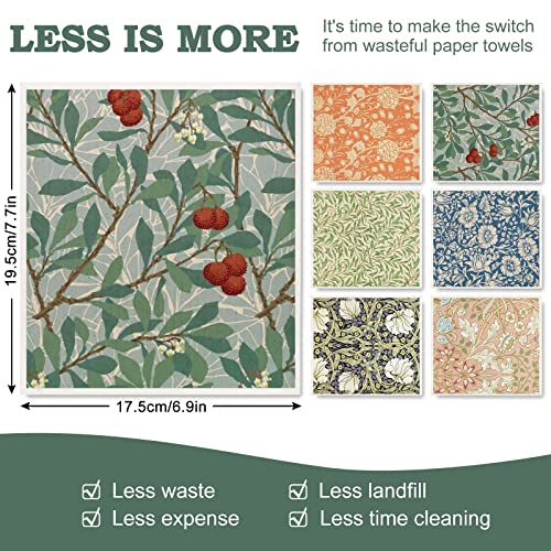 Whaline William Morris Swedish Kitchen Dishcloth Vintage Floral Absorbent Cotton Kitchen Towel Colorful Flower Dish Towel for Party Home Housewarming Cleaning Counter Wipes, 7 x 8 Inch, 6Pcs
