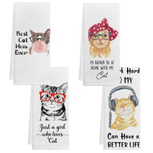 gichugi cat hand towel set - cat gifts for cat, set of 4 cat kitchen towels 16×24, cat tea towels for kitchen decorative, cute cat dish towels