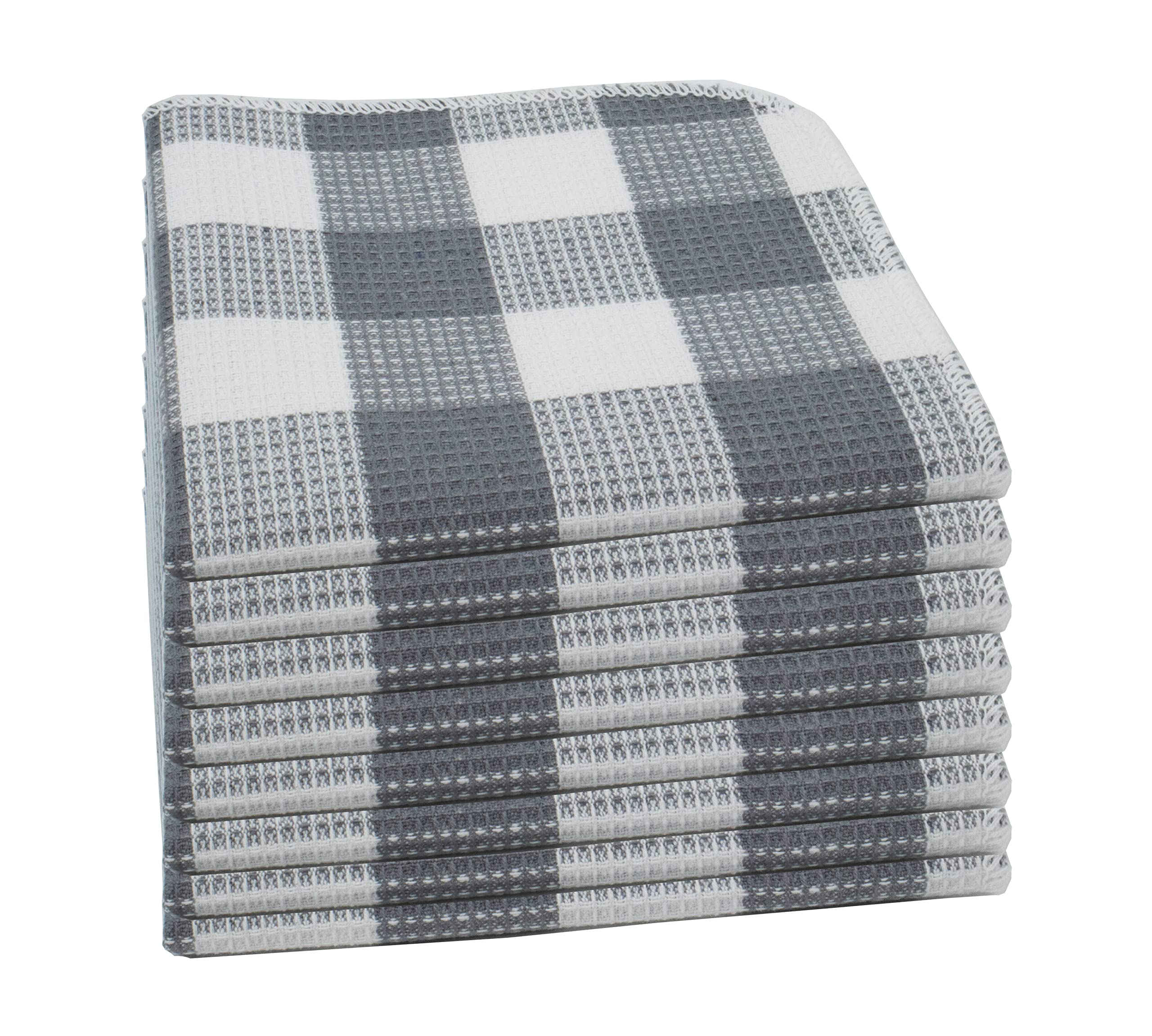 PurpleEssences Waffle Weave Plaid Dish Cloths, 100% Cotton - 12 x 12 Inches, Ultra Soft Absorbent Quick Drying Dish Towels Buffalo Check Dish Rags for Kitchen, 8-Pack - Grey & White